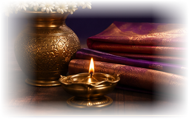 Folded silk sarees beside a brass pot of jasmine and a lit oil lamp